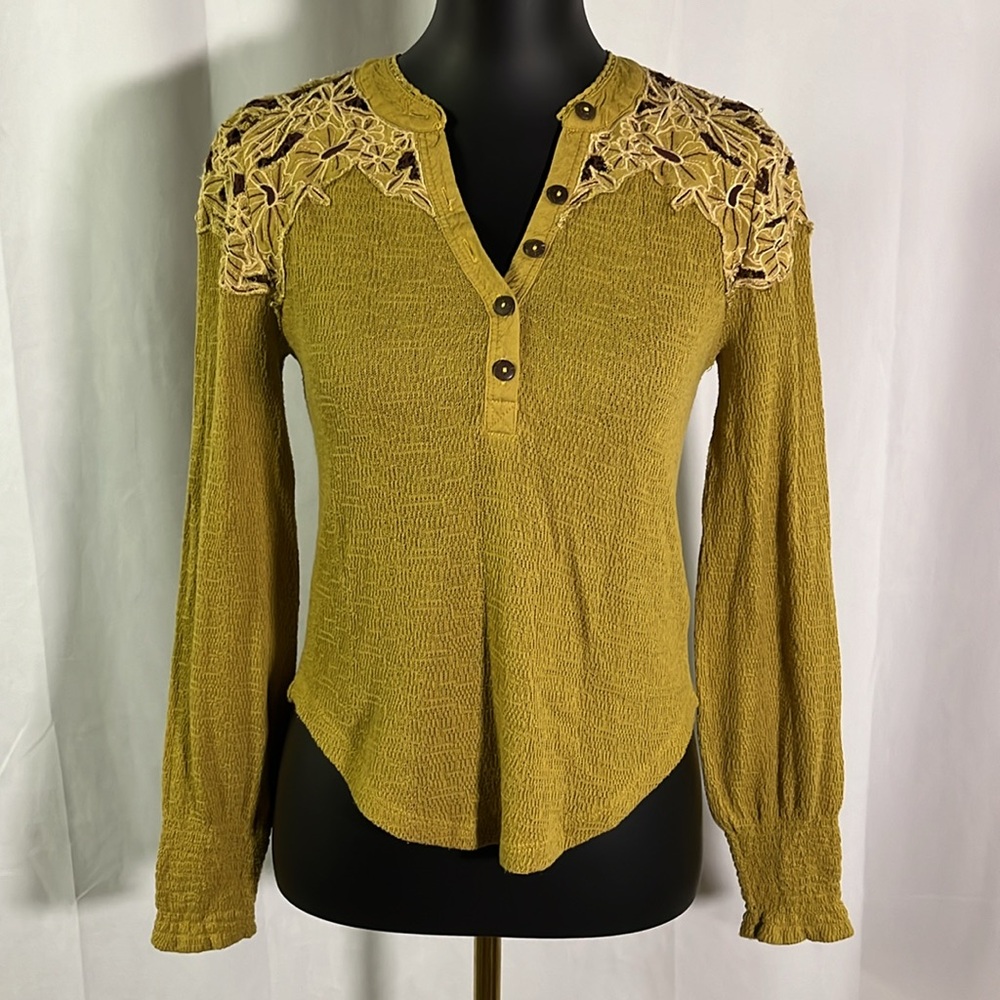 Free People Mustard Blouse with Embroidered Accents